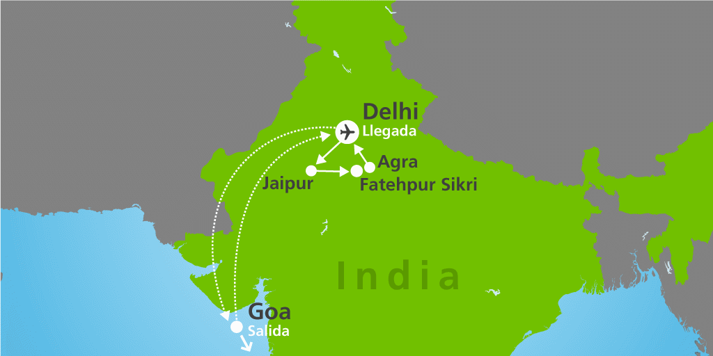 Mapa del viaje: CAPER - Circuito por India con playas de Goa en 11 días