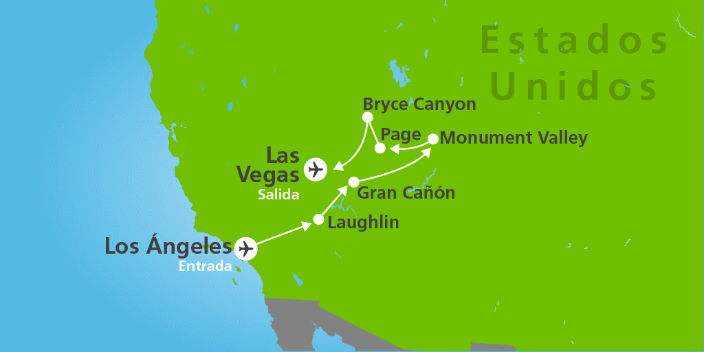 Mapa del viaje: Fly and Drive por Los Ángeles y Las Vegas con Parques Nacionales de 11 días