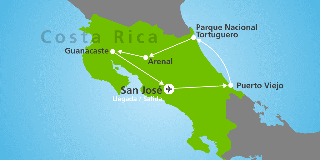 Mapa del viaje: Luna de miel a Costa Rica de 12 días: aventura por sus playas y parques