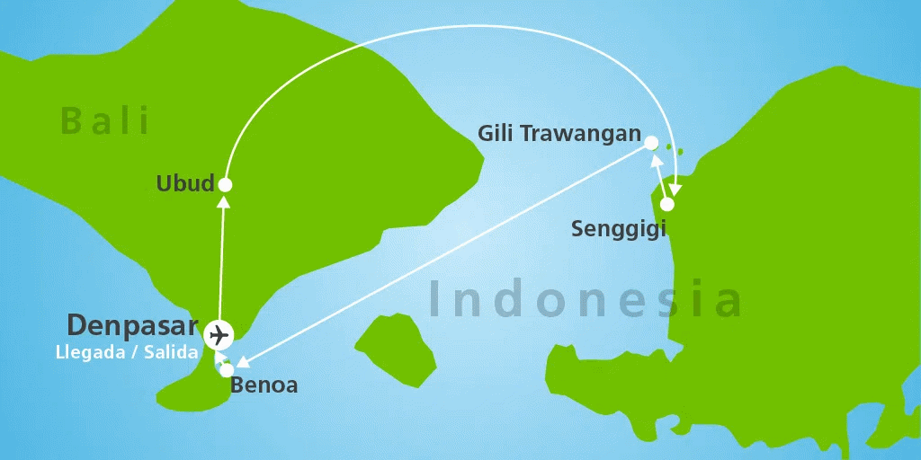 Mapa del viaje: Luna de miel a Indonesia: islas de Bali, Lombok y Gili en 14 días
