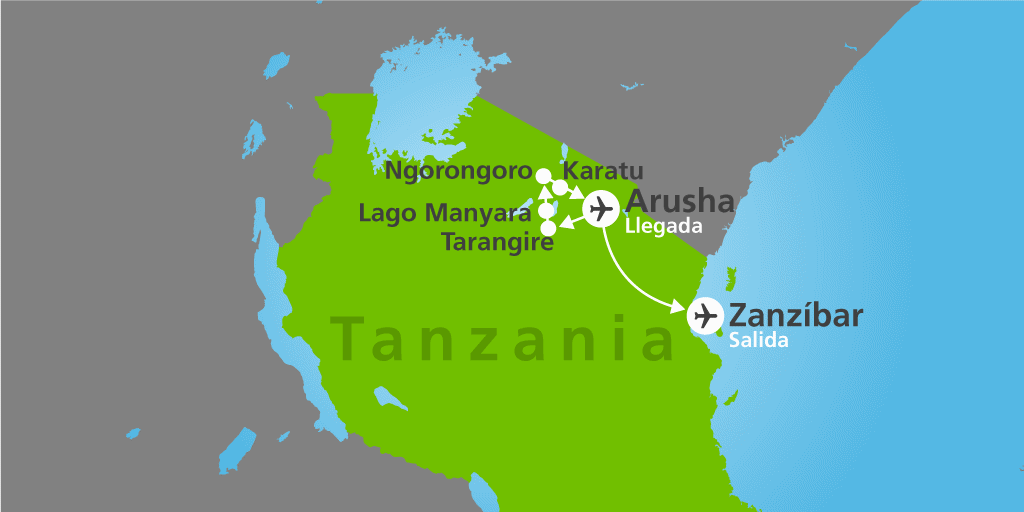 Mapa del viaje: Viaje de novios: safari en Tanzania y playas de Zanzíbar en 10 días