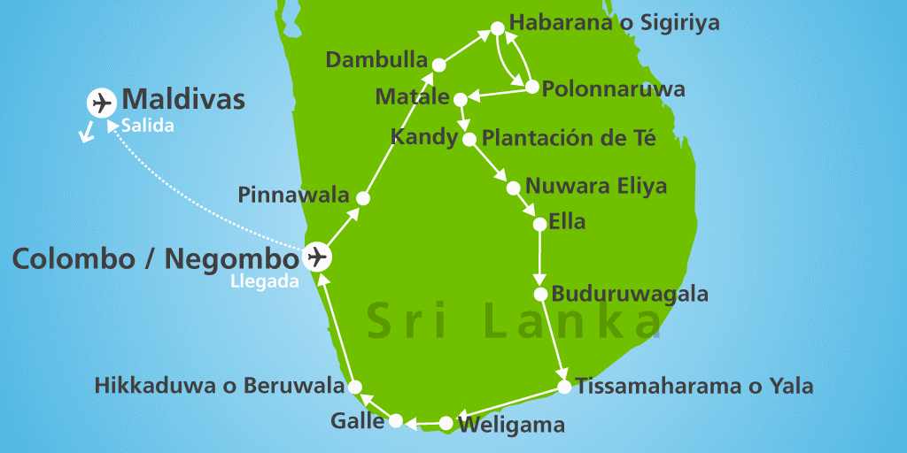 Mapa del viaje: Luna de miel en Sri Lanka e islas Maldivas de 13 días