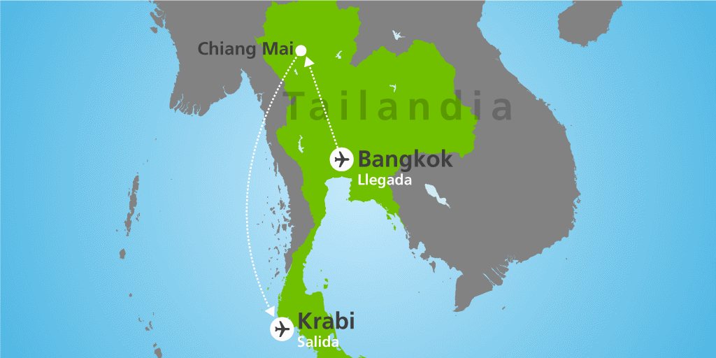 Mapa del viaje: Luna de miel en Tailandia de 14 días con Chiang Mai y playas de ensueño en Krabi