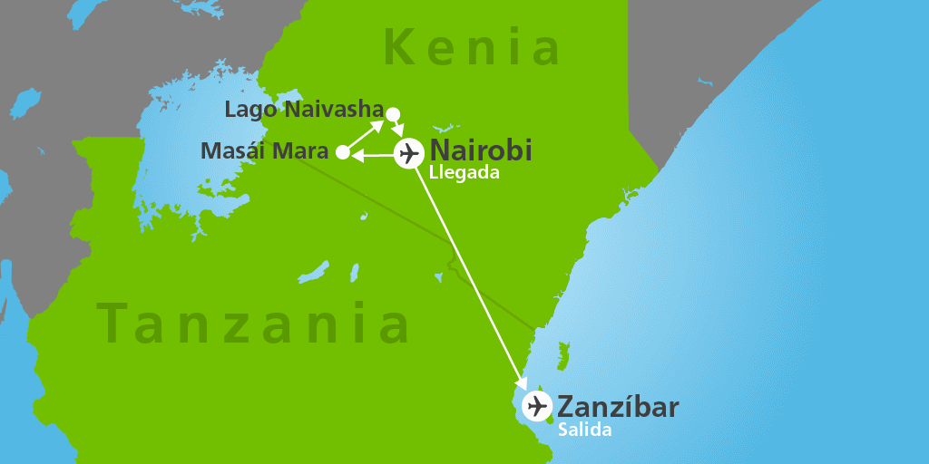 Mapa del viaje: Safari por Kenia y playas de Zanzíbar en 10 días