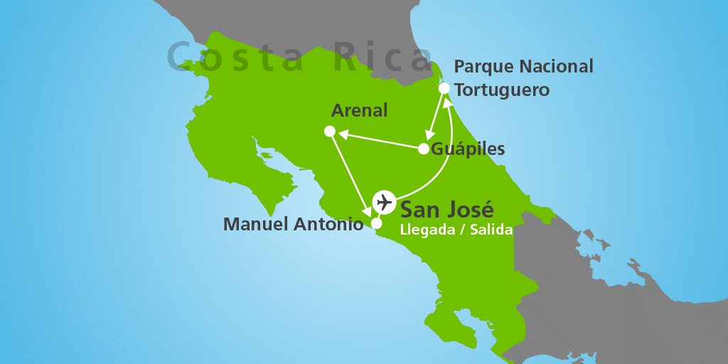 Mapa del viaje: Tour por Costa Rica con la joya de Manuel Antonio en 10 días