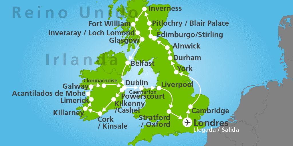 Mapa del viaje: Tour por Inglaterra, Escocia e Irlanda 16 días