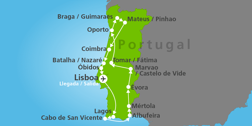 Mapa del viaje: Tour a lo mejor de Portugal: Lisboa, Évora y Oporto en 8 días