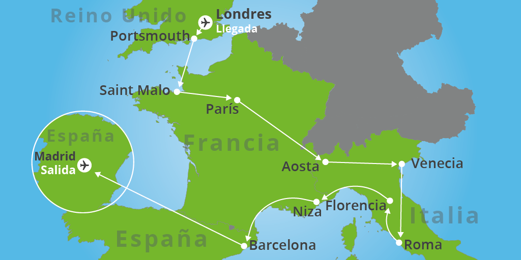 Nuestro tour por Europa te invita a ver lo mejor de Londres, París, Venecia, Roma, Barcelona, Madrid. Navega por el canal de la mancha y disfruta de un paseo por el canal de Venecia. 7