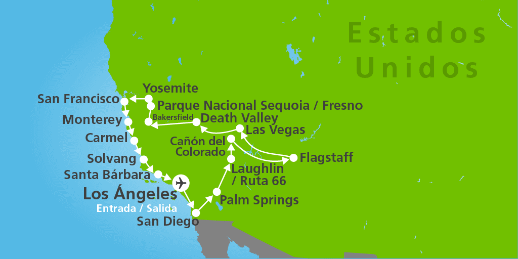 Mapa del viaje: Tour por Los Ángeles, San Diego, Las Vegas y San Francisco de 15 días
