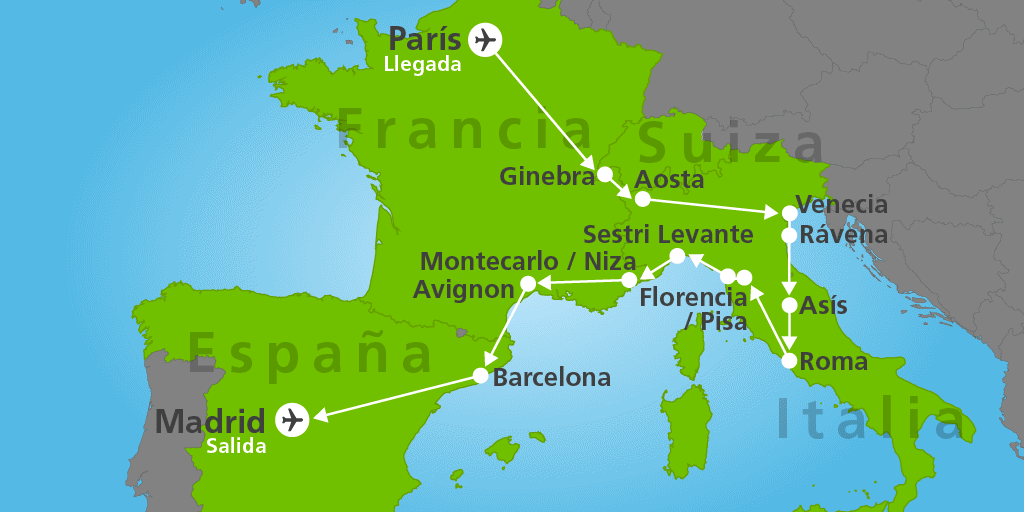 Tour organizado por París, Italia, Costa azul y España. Enamórate de Venecia, Roma, Florencia y disfruta de Barcelona y Madrid. 7
