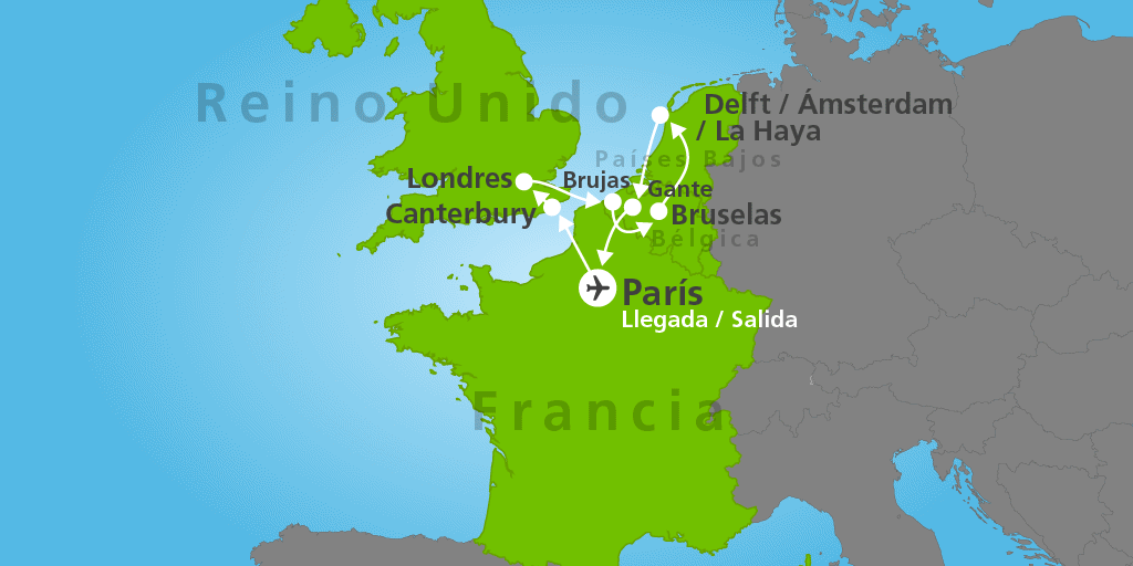 Mapa del viaje: París, Londres y Ámsterdam en 10 días