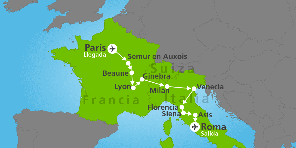 Mapa del viaje: Tour por París, Lyon, Florencia, Venecia y Roma en 11 días