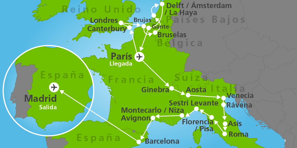 Mapa del viaje: Europa inolvidable: Tour por Francia, Inglaterra, Países Bajos, Italia y España en 21 días