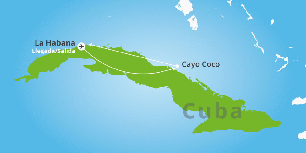 Mapa del viaje: Vacaciones en Cuba de 9 días con La Habana y Cayo Coco Mapa del viaje: Vacaciones en Cuba de 9 días con La Habana y Cayo Coco