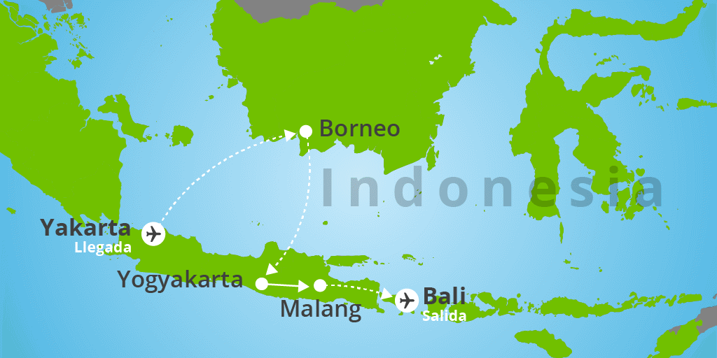 Mapa del viaje: Viaje a Bali y Java con orangutanes de Borneo 13 días