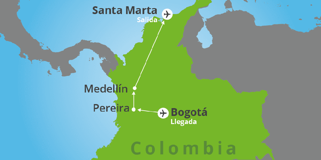 Un viaje por la Colombia más auténtica con paisajes cafeteros y playas de Santa Marta. Disfruta de la vibrante Bogotá, explora el Eje Cafetero, fascínate con Medellín y relájate en el caribe. 7