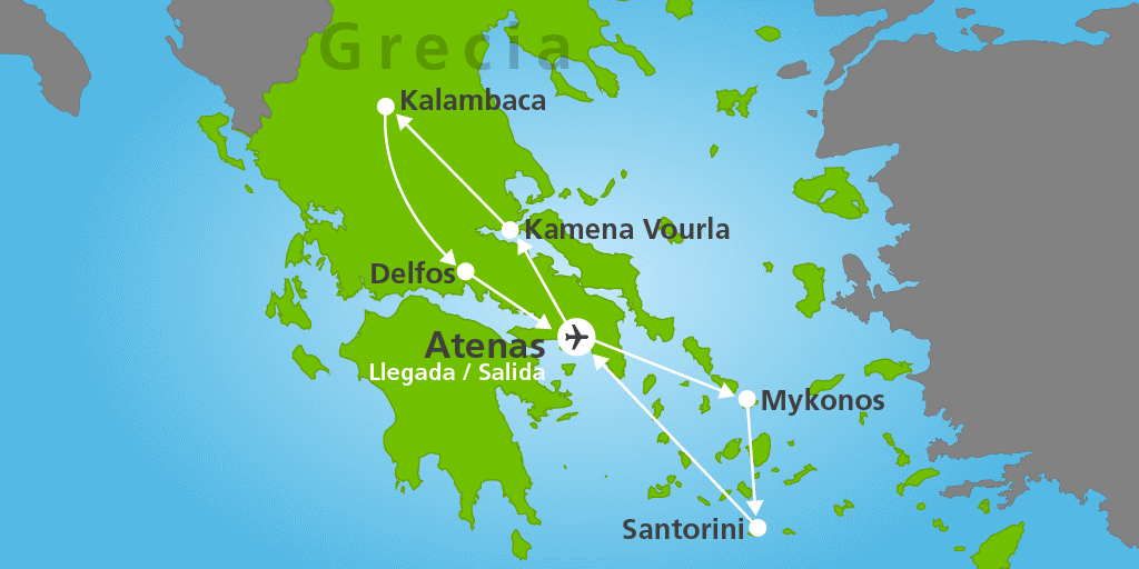 Con nuestros viajes a Grecia y las Islas Griegas tus vacaciones están garantizadas. Recorre Atenas y  las inmejorables playas en Santorini y Mykonos. 7