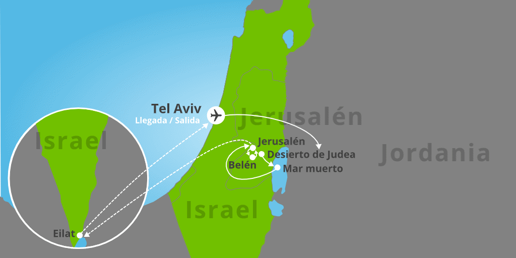 Mapa del viaje: Viaje a Jerusalén, Masada, Mar Muerto, Belén y Eilat de 8 días