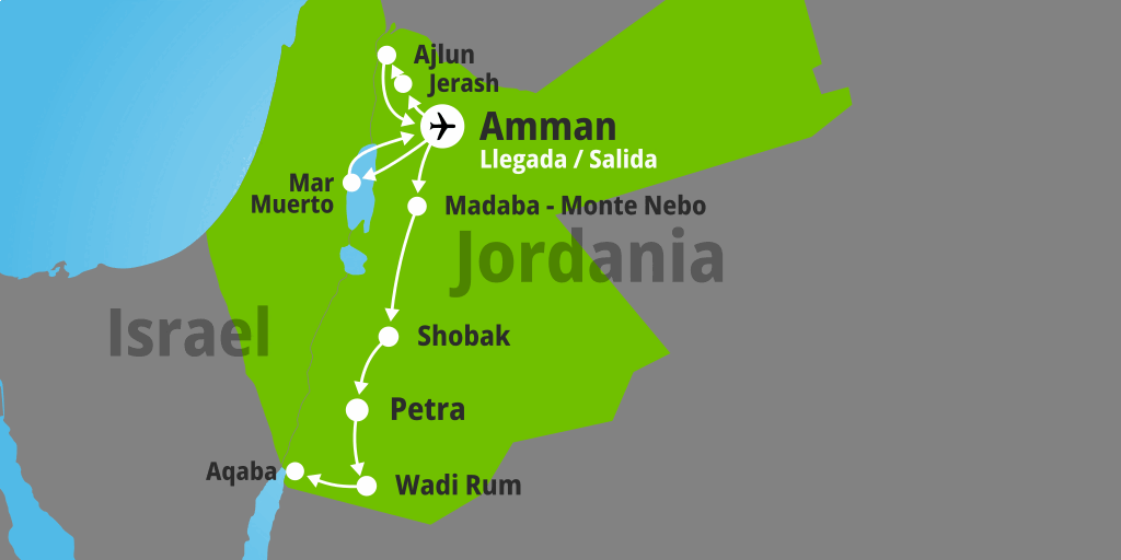 Mapa del viaje: ¡Últimas plazas para viajar a Jordania, desierto de Wadi Rum y Mar Rojo en 8 días!