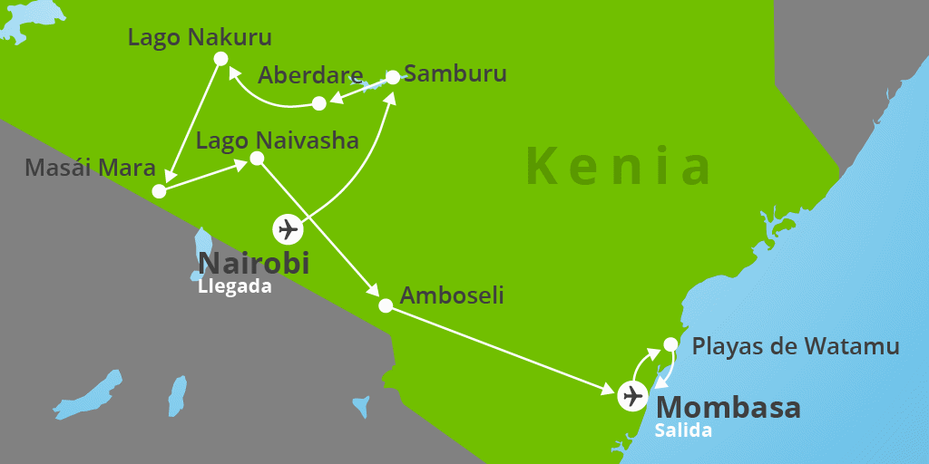 Mapa del viaje: Viaje a Kenia al completo con playas de Watamu de 14 días