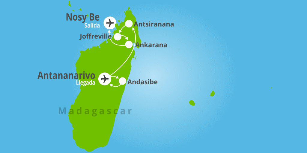 Mapa del viaje: Viaje a Madagascar de 13 días con Antananarivo, Andasibe y Nosy Be