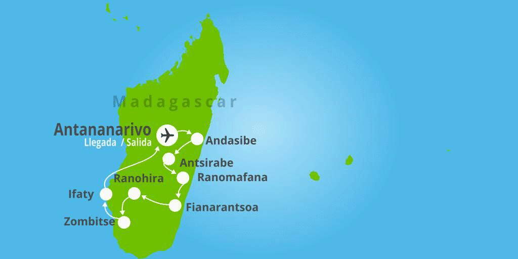 Mapa del viaje: Viaje a Madagascar de 14 días con Andasibe y playas de Ifaty Mapa del viaje: Viaje a Madagascar de 14 días con Andasibe y playas de Ifaty