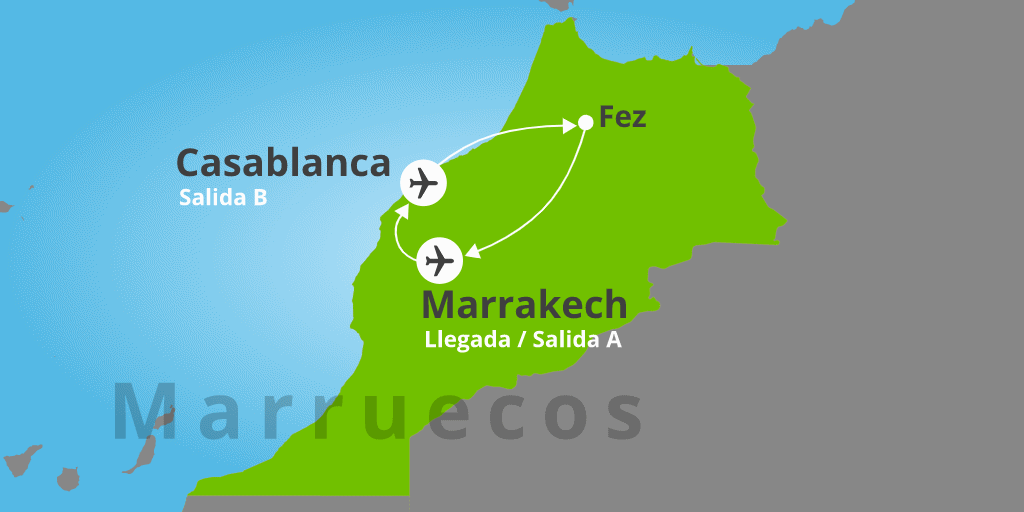 Mapa del viaje: Viaje a Marrakech, Casablanca y Fez de 8 días