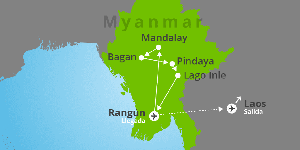 Mapa del viaje: Viaje combinado a Myanmar y Laos de 15 días