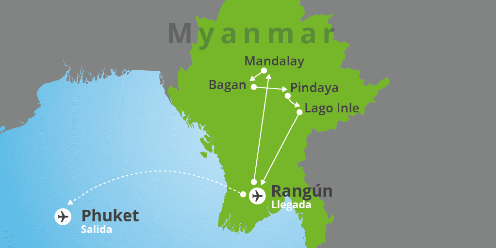 Mapa del viaje: Viaje combinado a Myanmar y Tailandia en 15 días