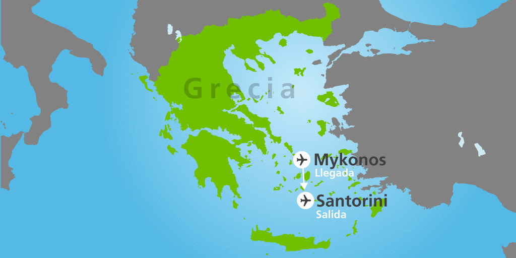 Viaja a las islas de Mykonos y Santorini, las más famosas de Grecia. Tu aventura por las Islas Griegas comienza con un vuelo directo a Mykonos para disfrutar de las playas y hermosas calles. 7