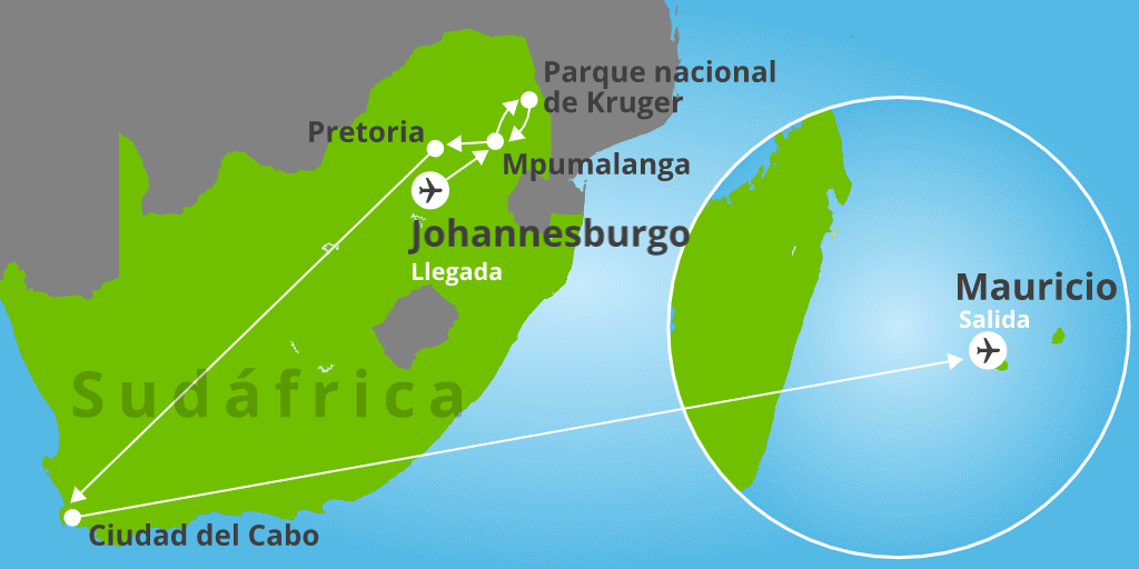 Mapa del viaje: Viaje a Sudáfrica e isla de Mauricio en 13 días