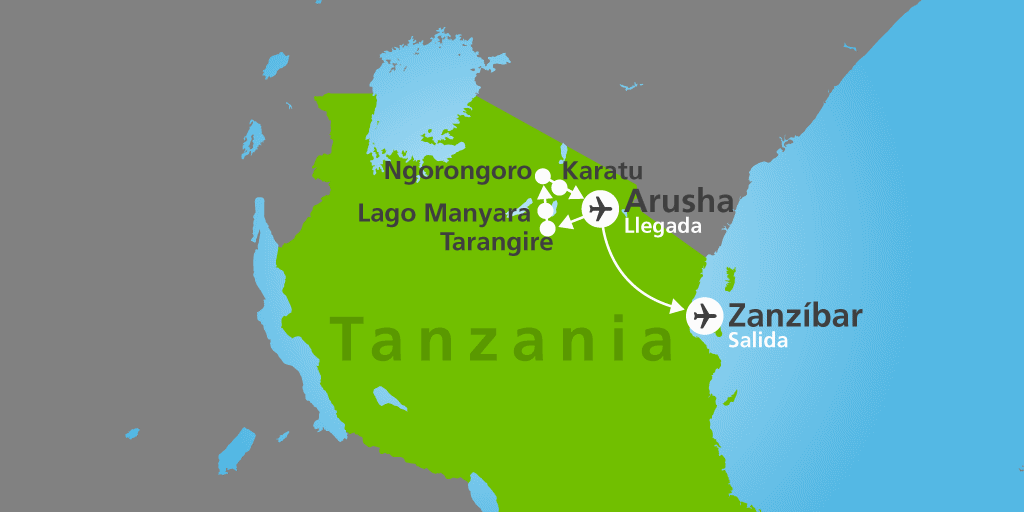 Mapa del viaje: Viaje a Tanzania y Zanzíbar: 10 días de safari y playas