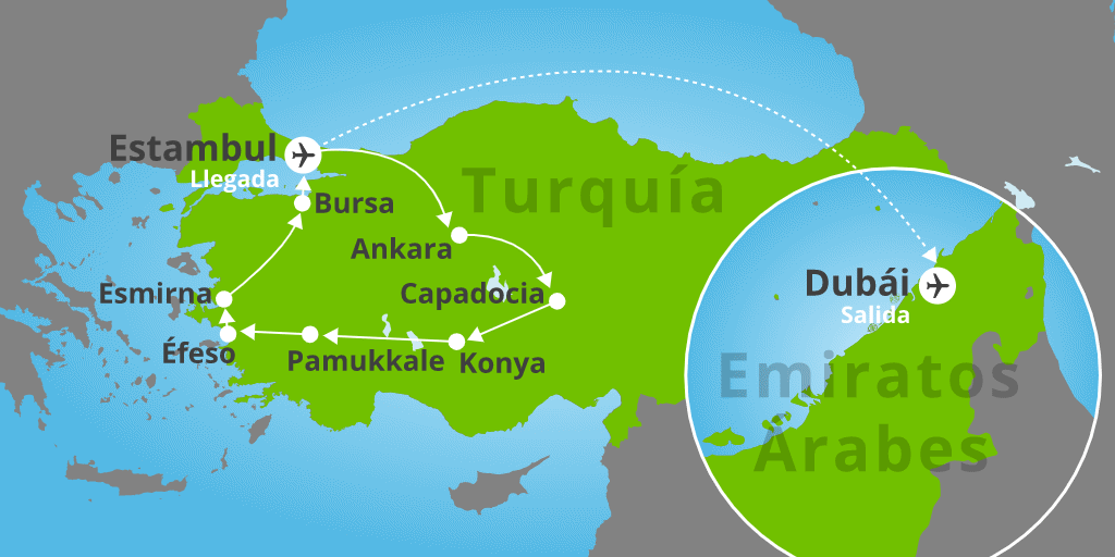 Mapa del viaje: Viaje a Turquía y Dubái de 13 días