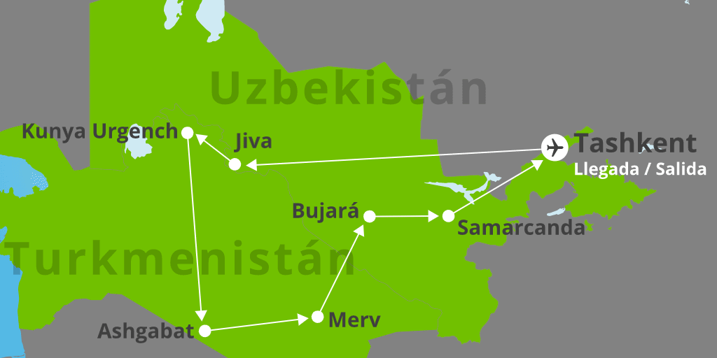 Mapa del viaje: Viaje combinado a Uzbekistán y Turkmenistán