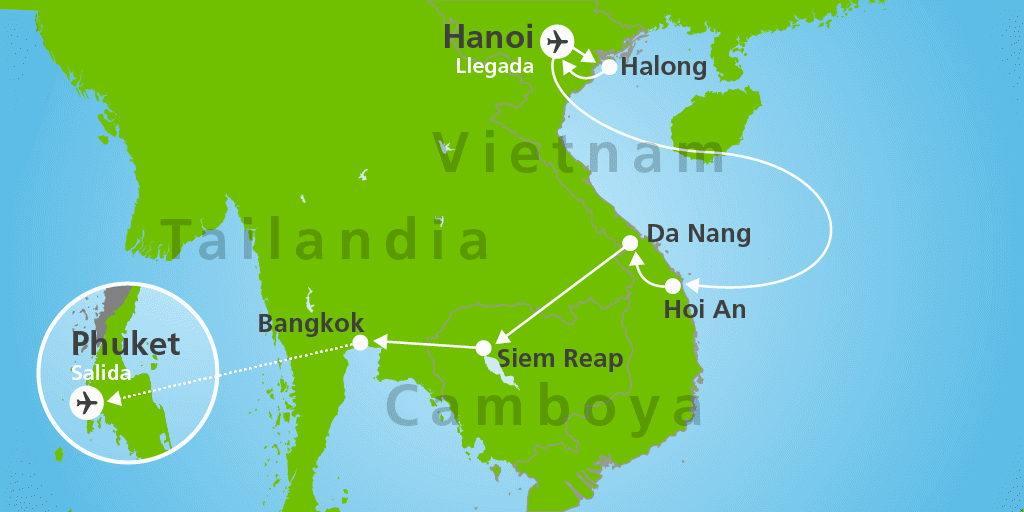 Mapa del viaje: Viaje combinado por Vietnam, Camboya y Tailandia en 17 días