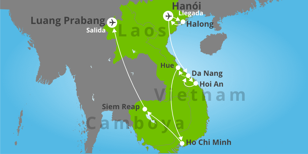 Mapa del viaje: Viaje a Vietnam, Laos y Camboya de 17 días