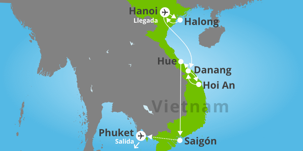 Mapa del viaje: Viaje a Vietnam con playas de Phuket en 15 días