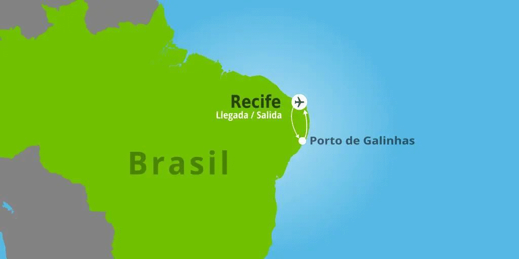 Mapa del viaje: Viaje al nordeste de Brasil: Porto de Galinhas todo incluido en 9 días Mapa del viaje: Viaje al nordeste de Brasil: Porto de Galinhas todo incluido en 9 días