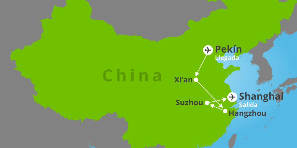 Mapa del viaje: China al completo: Pekín, Xi’an, Hangzhou, Suzhou y Shanghái en 11 días