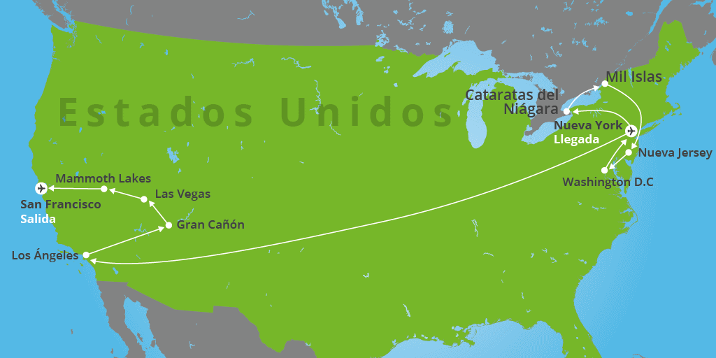 Mapa del viaje: Viaje completo de 19 días a Estados Unidos