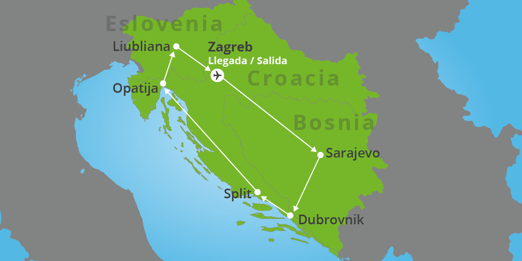 Mapa del viaje: Viaje por Croacia, Bosnia y Eslovenia en 8 días