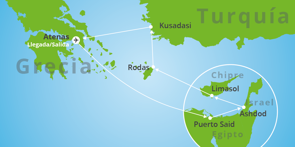Este viaje en crucero por Grecia, Egipto, Israel y Turquía, te permitirá disfrutar de los fascinantes paisajes del Mediterráneo. Con este crucero de 7 días conocerás las playas del Mar Egeo. 7