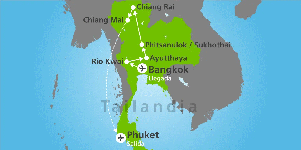 Mapa del viaje: Viaje a Tailandia al completo en verano: De Bangkok a Chiang Mai y playas en 14 días con salidas garantizadas