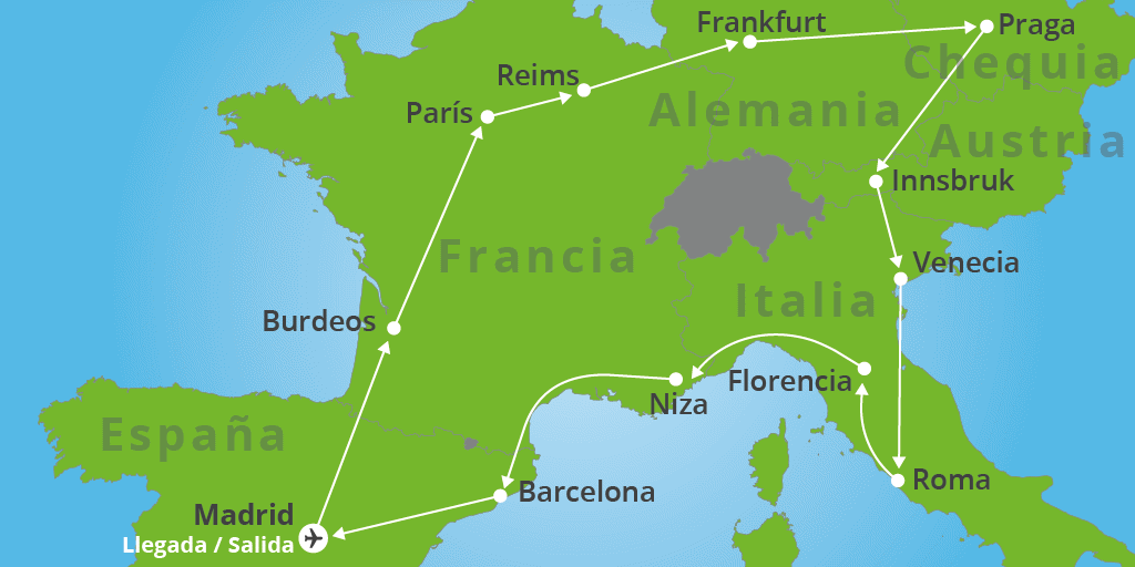 Mapa del viaje: Viaje por España, Francia, Alemania, República Checa e Italia en 18 días