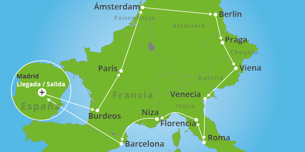 Mapa del viaje: Europa Completa: viaje por España, Francia, Países Bajos, Alemania, Austria e Italia en 24 días