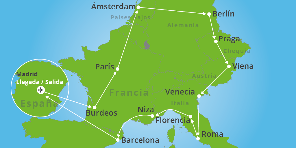 La vuelta a Europa en 24 días: Viaja por España, Francia, Países Bajos, Alemania, Austria e Italia en 24 días. Ruta por Madrid, París, Berlín, Praga, Viena, Venecia, Roma, Florencia, Niza, Barcelona. 7
