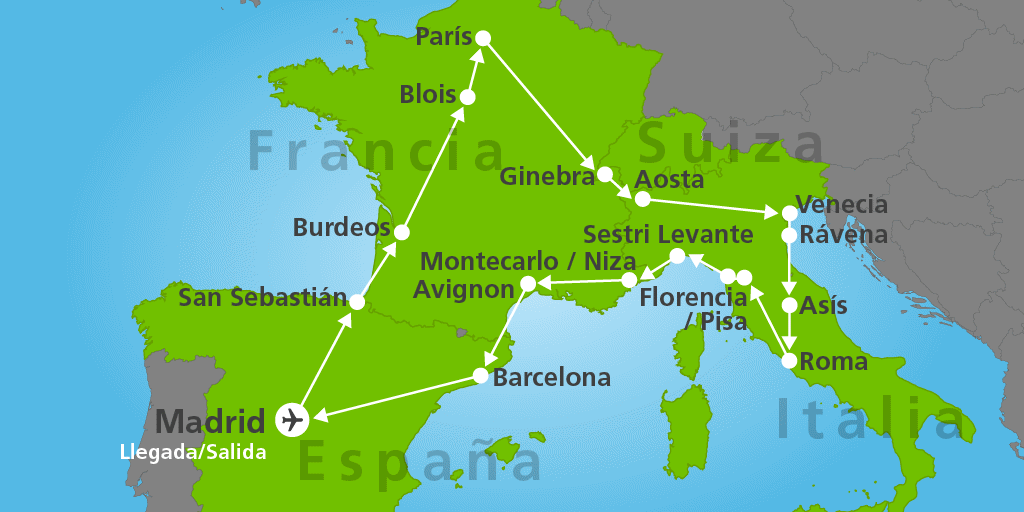 Mapa del viaje: Europa Turista: España, Francia e Italia en 15 días
