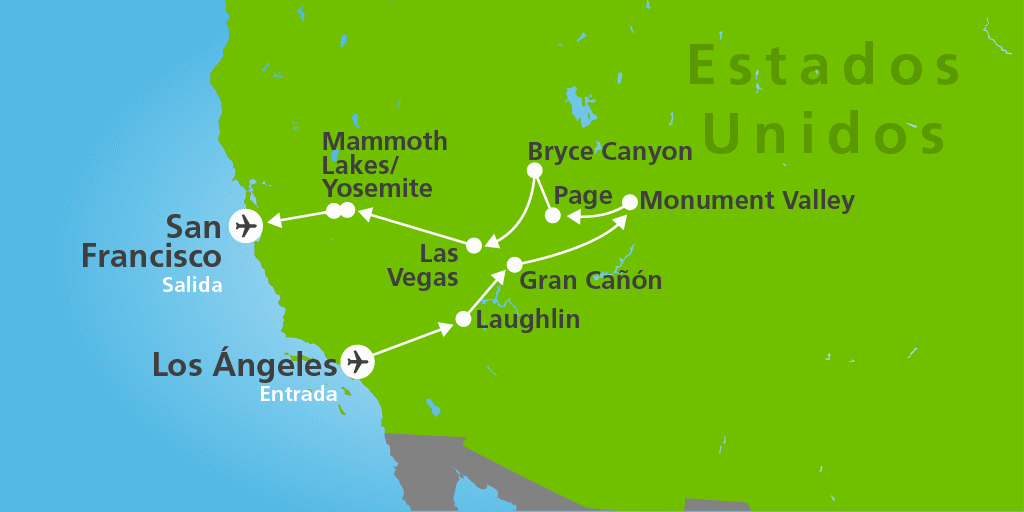 Mapa del viaje: Fly & Drive: viaje desde Los Ángeles a San Francisco en 15 días