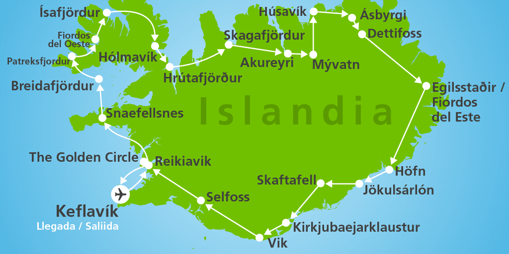 Mapa del viaje: Fly and Drive por Islandia con Fiordos en 13 días