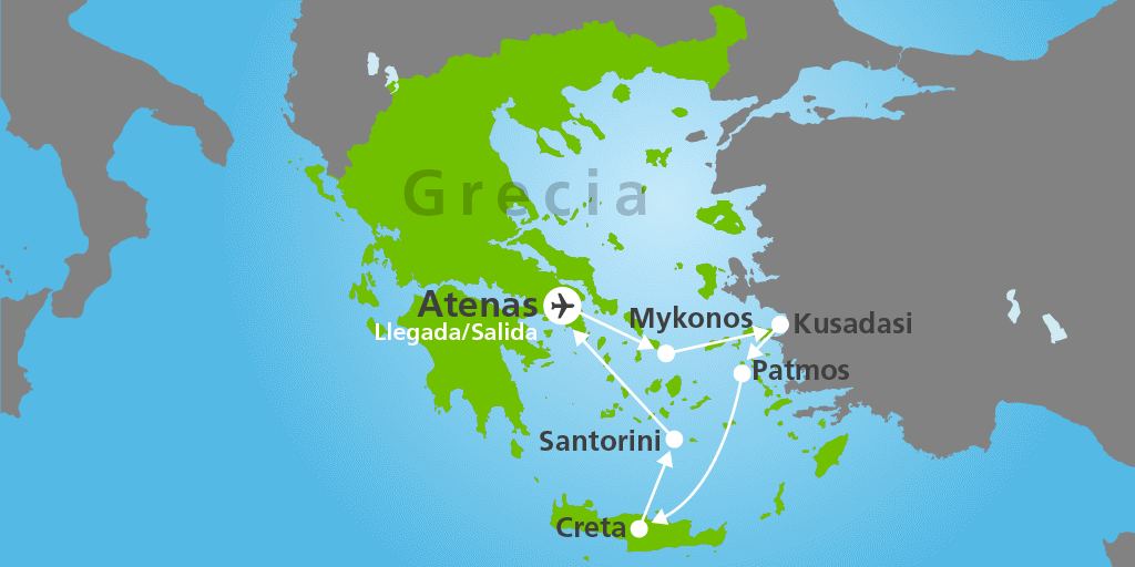 Mapa del viaje: Viaje a Grecia con crucero por Islas Griegas en 7 días Mapa del viaje: Viaje a Grecia con crucero por Islas Griegas en 7 días